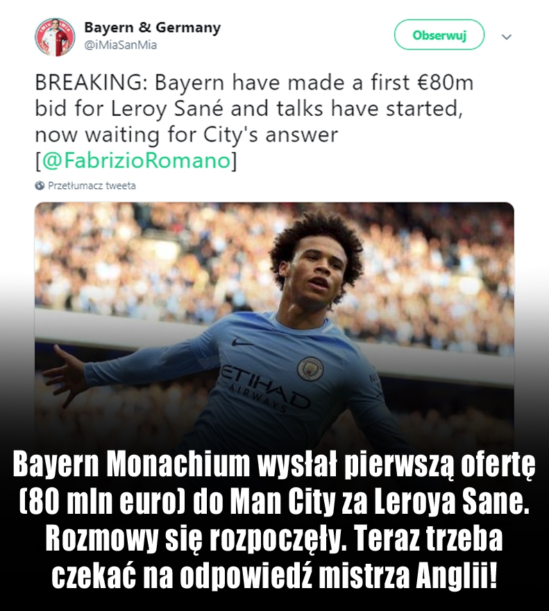 Bayern wysłał pierwszą ofertę za Leroya Sane!